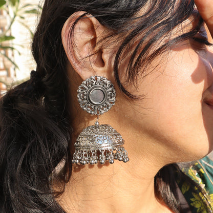 Mirror Reflection Silver Oxidized Jhumka