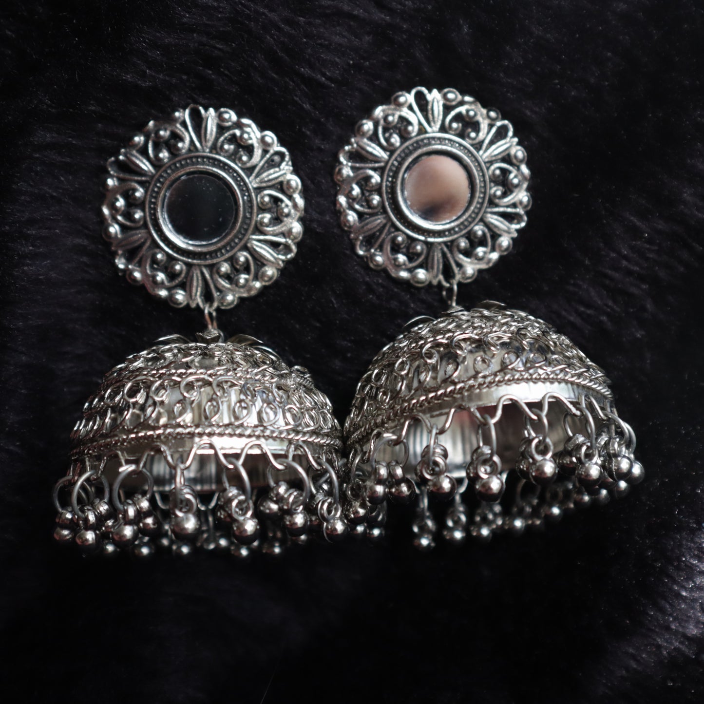 Mirror Reflection Silver Oxidized Jhumka