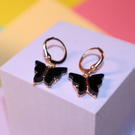 Little Black Butterfly Golden Hoops Earrings