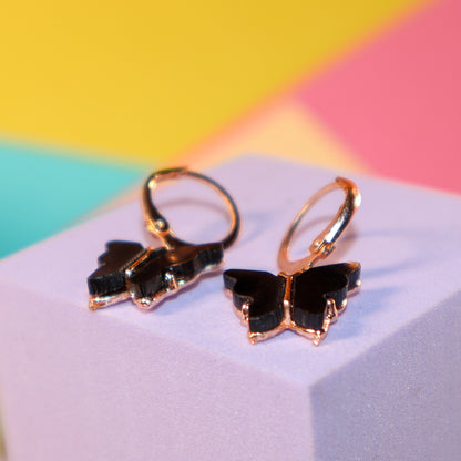 Little Black Butterfly Golden Hoops Earrings