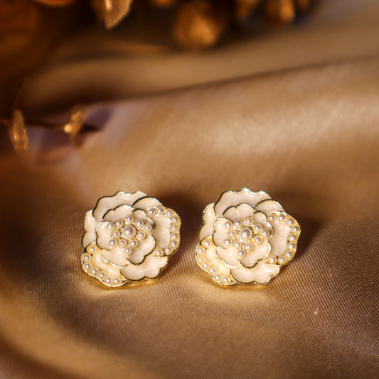 Pearl-Kissed White Rose Stud Earrings