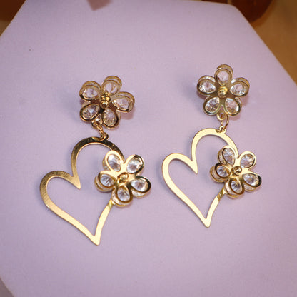 Golden Floral Heart Shaped Flower In Heart Earrings