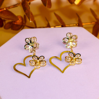 Golden Floral Heart Shaped Flower In Heart Earrings