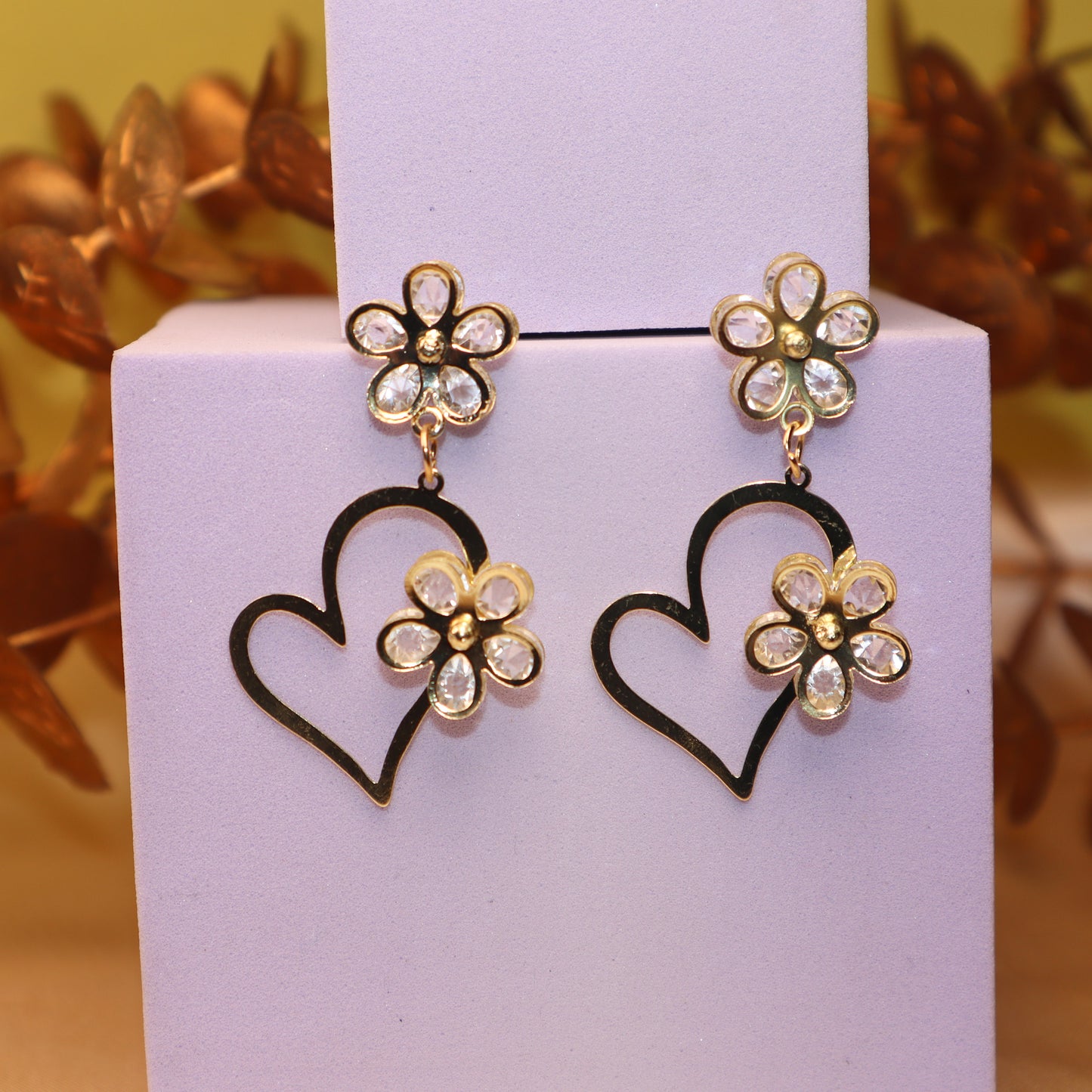 Golden Floral Heart Shaped Flower In Heart Earrings