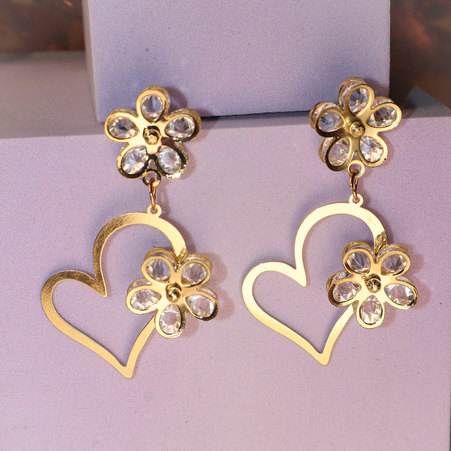 Golden Floral Heart Shaped Flower In Heart Earrings