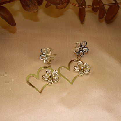 Golden Floral Heart Shaped Flower In Heart Earrings