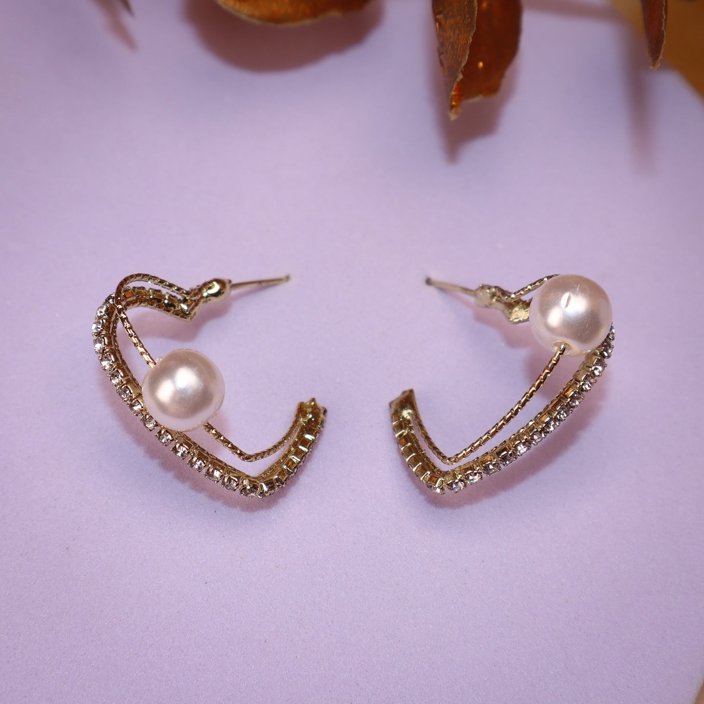 Golden Heart Look Zircon Pearl Stylish Earrings