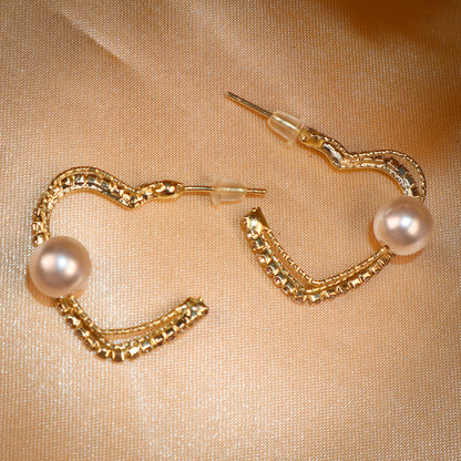 Golden Heart Look Zircon Pearl Stylish Earrings