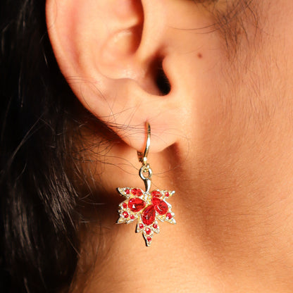 Golden Red Maple Crystal Hoop Earrings