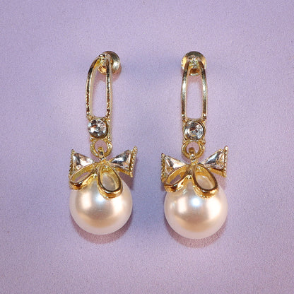 Golden Bow Style Pearl Zircon Dangle Earrings