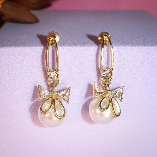 Golden Bow Style Pearl Zircon Dangle Earrings