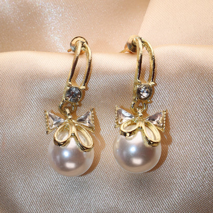 Golden Bow Style Pearl Zircon Dangle Earrings