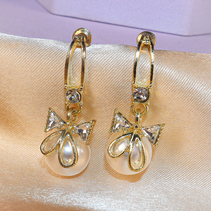 Golden Bow Style Pearl Zircon Dangle Earrings