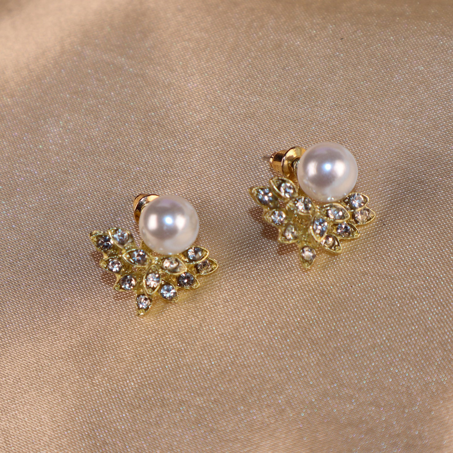 Golden Leaf Pearl Zircon Stud Earrings