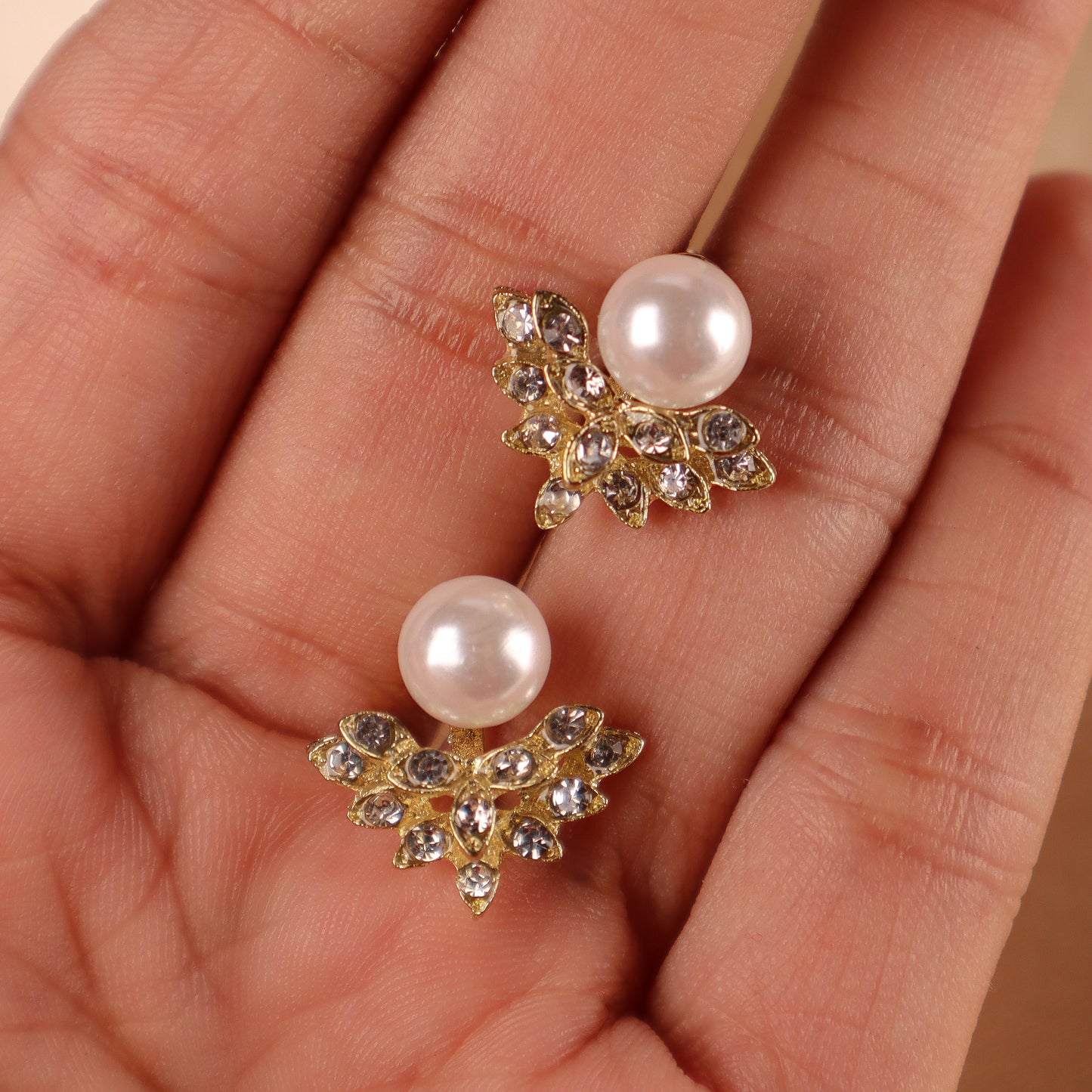 Golden Leaf Pearl Zircon Stud Earrings