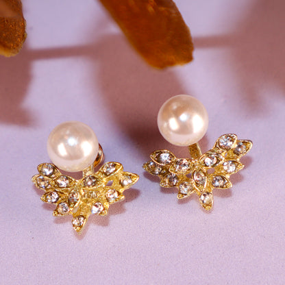 Golden Leaf Pearl Zircon Stud Earrings