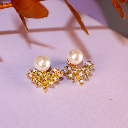 Golden Leaf Pearl Zircon Stud Earrings