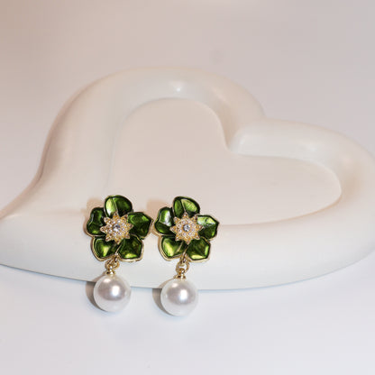 Green Petals & Pearl Romance Dangle Earrings