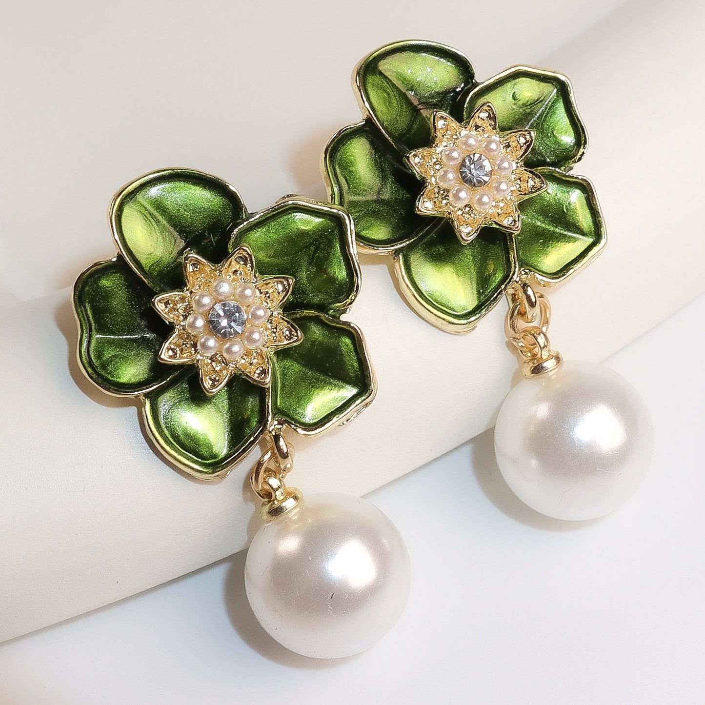 Green Petals & Pearl Romance Dangle Earrings