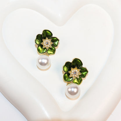 Green Petals & Pearl Romance Dangle Earrings