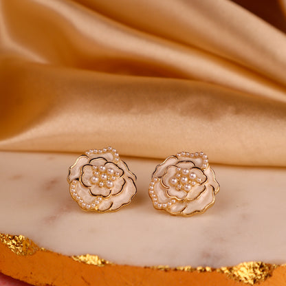 Pearl-Kissed White Rose Stud Earrings