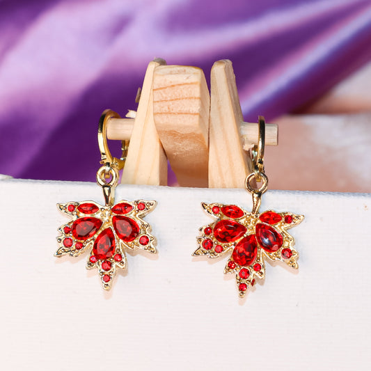 Golden Red Maple Crystal Hoop Earrings