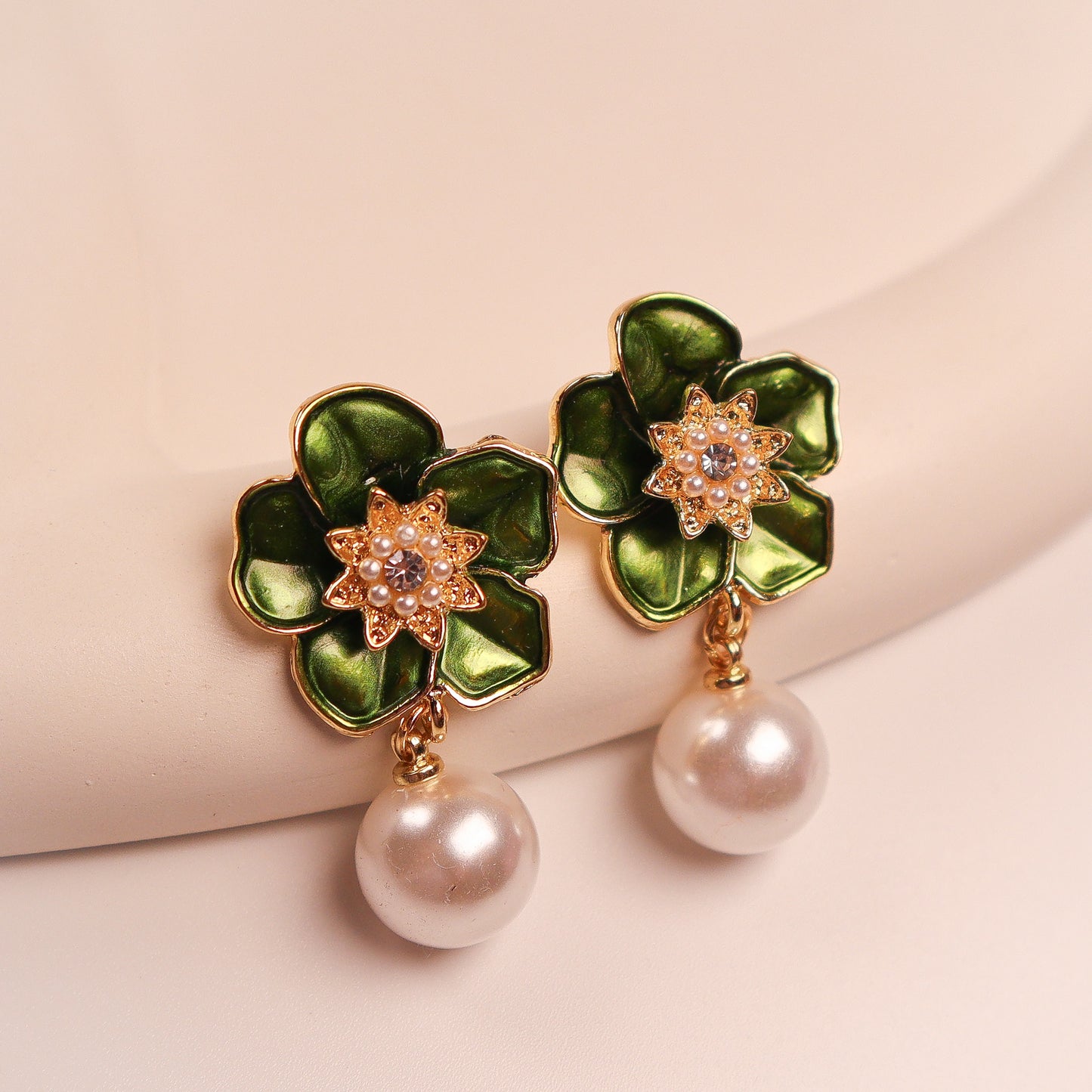 Green Petals & Pearl Romance Dangle Earrings