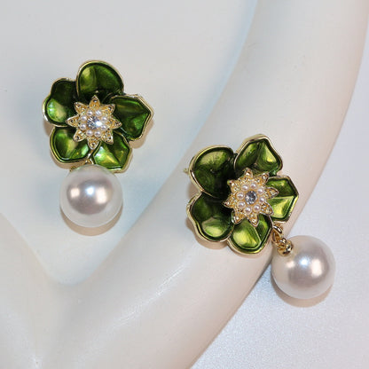 Green Petals & Pearl Romance Dangle Earrings