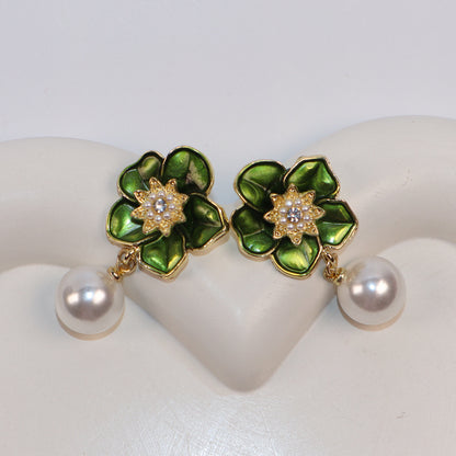 Green Petals & Pearl Romance Dangle Earrings