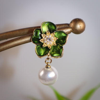 Green Petals & Pearl Romance Dangle Earrings