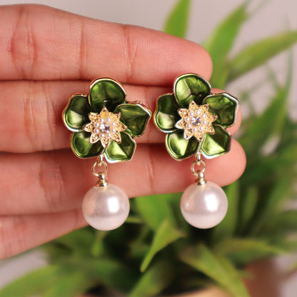 Green Petals & Pearl Romance Dangle Earrings