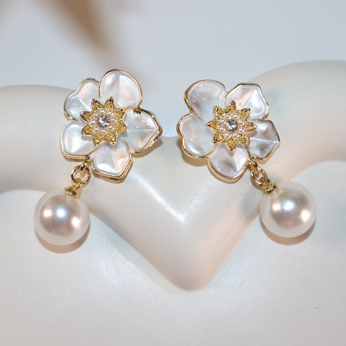 White Petals & Pearl Romance Dangle Earrings