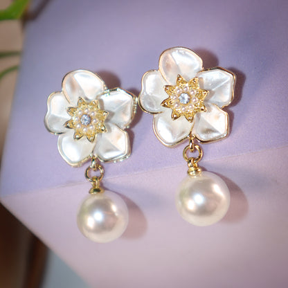 White Petals & Pearl Romance Dangle Earrings