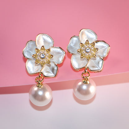 White Petals & Pearl Romance Dangle Earrings