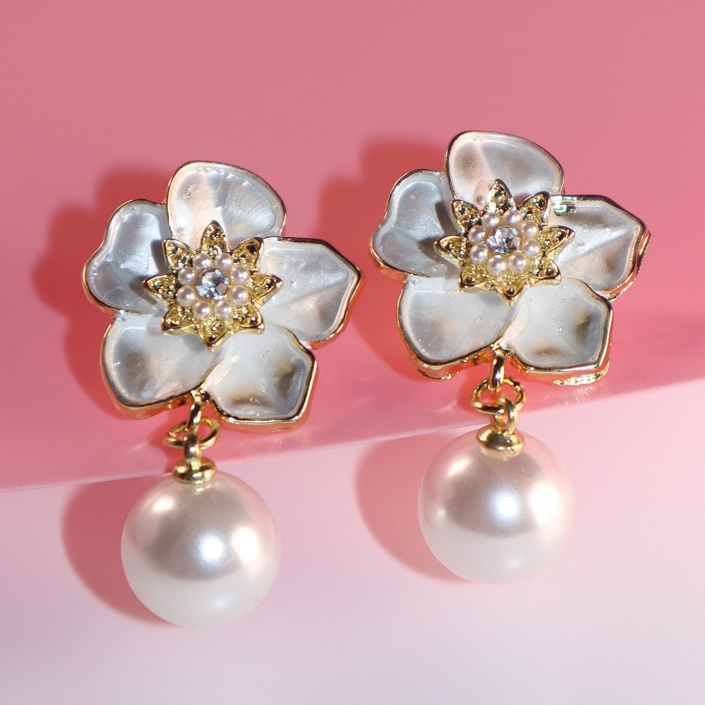 White Petals & Pearl Romance Dangle Earrings