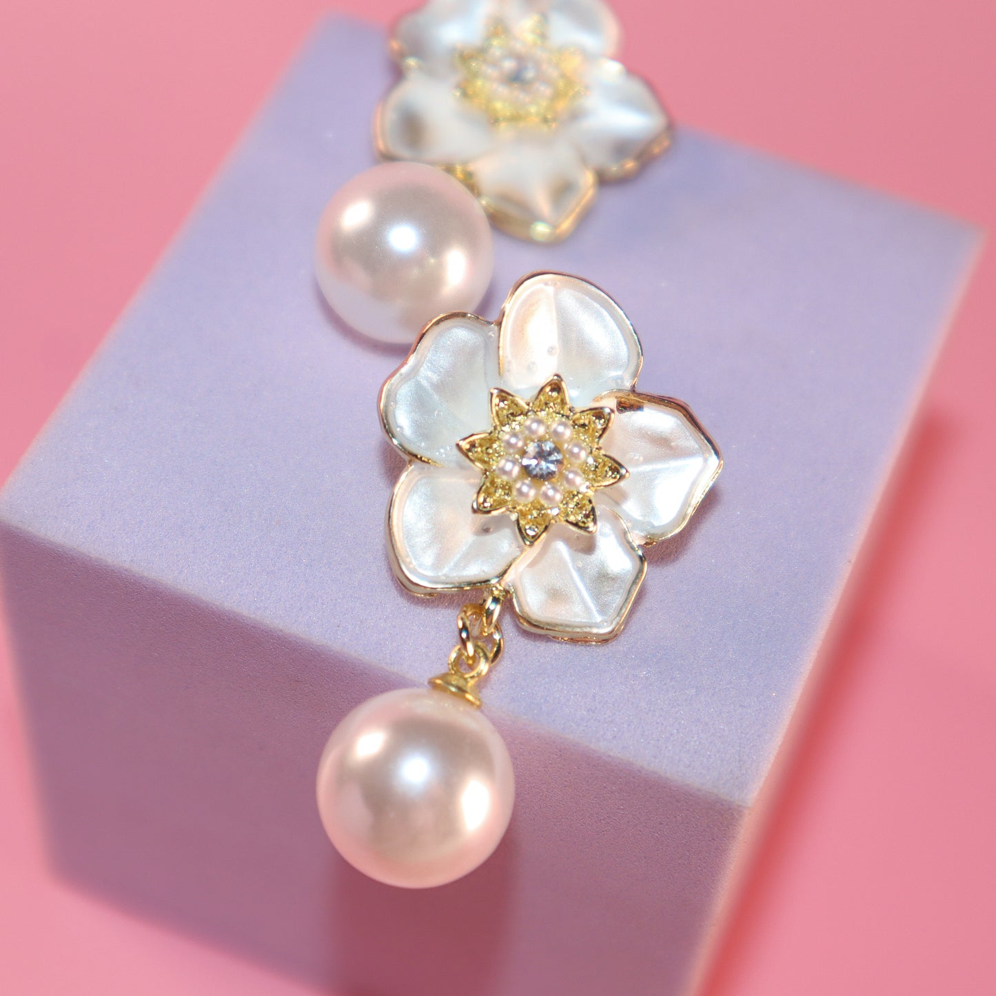 White Petals & Pearl Romance Dangle Earrings