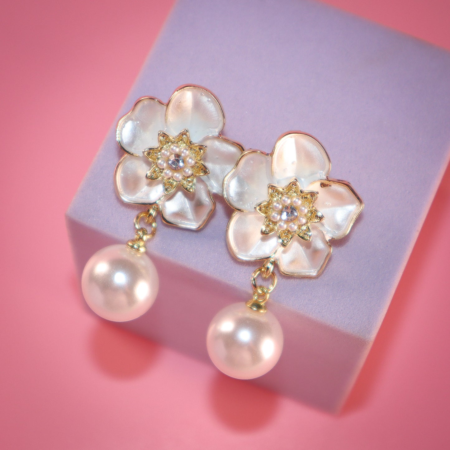 White Petals & Pearl Romance Dangle Earrings