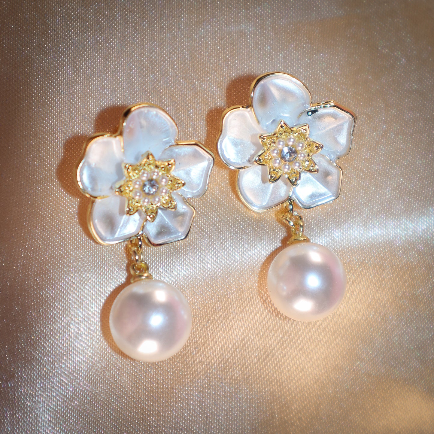 White Petals & Pearl Romance Dangle Earrings