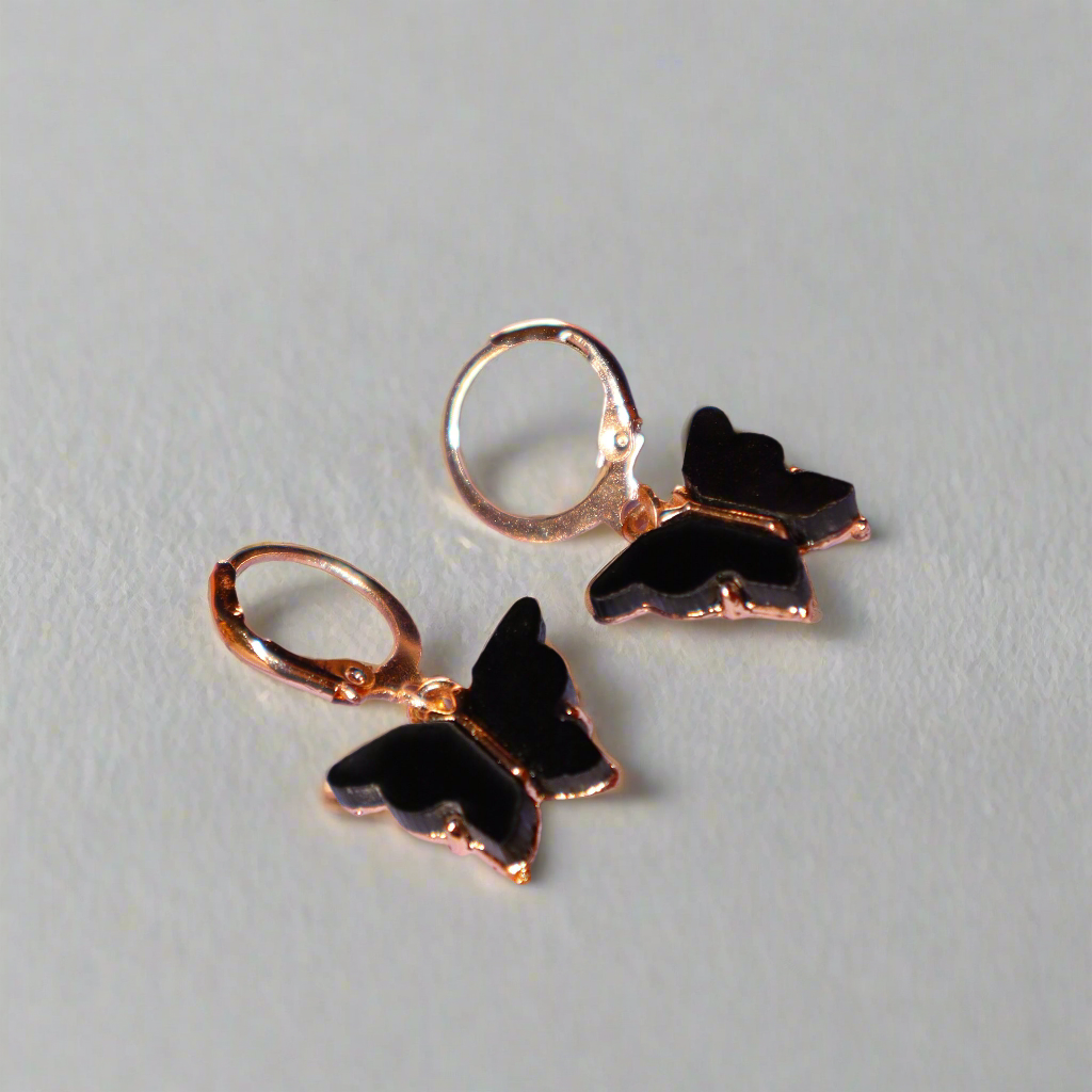 Little Black Butterfly Golden Hoops Earrings