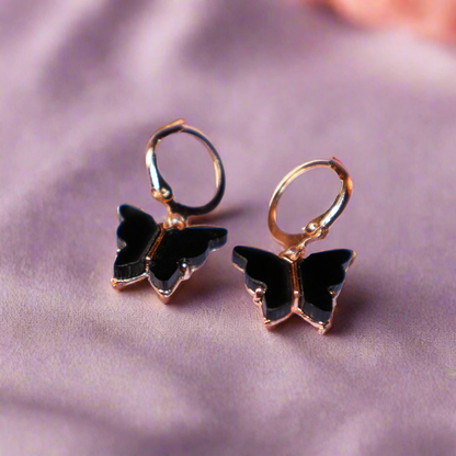 Little Black Butterfly Golden Hoops Earrings